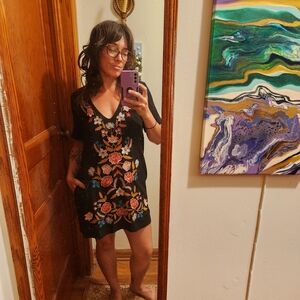 By Together Floral Embroidered V-Neck Black Mini-Dress with Pockets